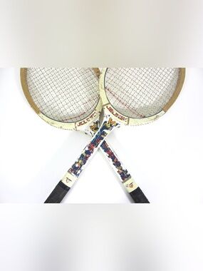 Curated Set of Vintage Wooden Tennis Rackets for Designer Decorating Two Wood Ra
